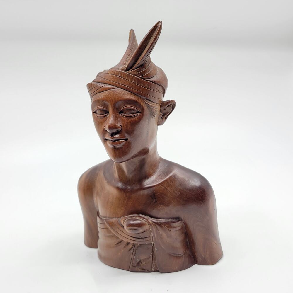 Vintage Bali Solid Carved Wooden Bust of a Young Man